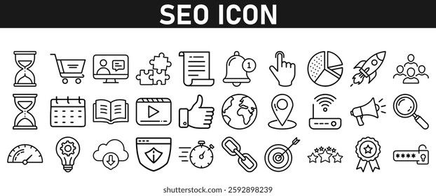 Seo icon set ion liner style. Search Engine Optimization icons. traffic, ranking, optimization, link, graph, research, and keyword. Icons vector collection.