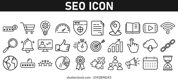 Seo icon set ion liner style. Search Engine Optimization icons. traffic, ranking, optimization, link, graph, research, and keyword. Icons vector collection.