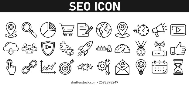 Seo icon set ion liner style. Search Engine Optimization icons. traffic, ranking, optimization, link, graph, research, and keyword. Icons vector collection.