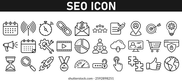 Seo icon set ion liner style. Search Engine Optimization icons. traffic, ranking, optimization, link, graph, research, and keyword. Icons vector collection.