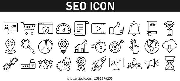 Seo icon set ion liner style. Search Engine Optimization icons. traffic, ranking, optimization, link, graph, research, and keyword. Icons vector collection.