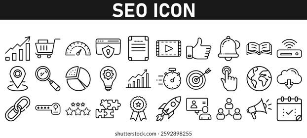 Seo icon set ion liner style. Search Engine Optimization icons. traffic, ranking, optimization, link, graph, research, and keyword. Icons vector collection.