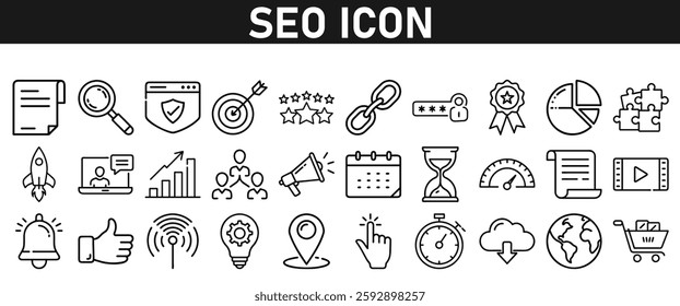 Seo icon set ion liner style. Search Engine Optimization icons. traffic, ranking, optimization, link, graph, research, and keyword. Icons vector collection.