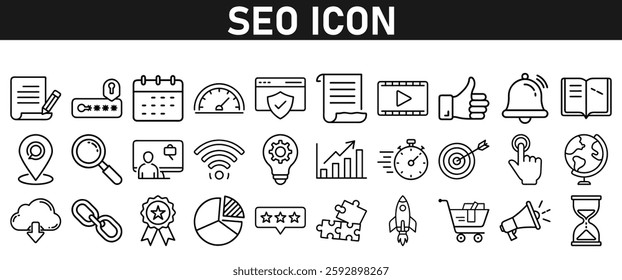 Seo icon set ion liner style. Search Engine Optimization icons. traffic, ranking, optimization, link, graph, research, and keyword. Icons vector collection.