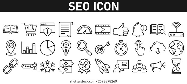 Seo icon set ion liner style. Search Engine Optimization icons. traffic, ranking, optimization, link, graph, research, and keyword. Icons vector collection.