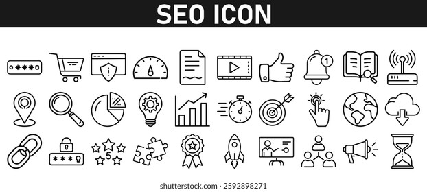 Seo icon set ion liner style. Search Engine Optimization icons. traffic, ranking, optimization, link, graph, research, and keyword. Icons vector collection.