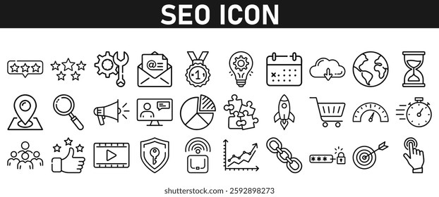 Seo icon set ion liner style. Search Engine Optimization icons. traffic, ranking, optimization, link, graph, research, and keyword. Icons vector collection.