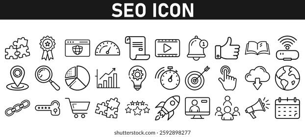 Seo icon set ion liner style. Search Engine Optimization icons. traffic, ranking, optimization, link, graph, research, and keyword. Icons vector collection.