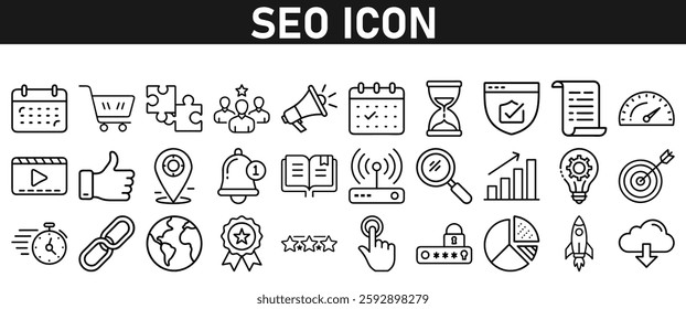 Seo icon set ion liner style. Search Engine Optimization icons. traffic, ranking, optimization, link, graph, research, and keyword. Icons vector collection.