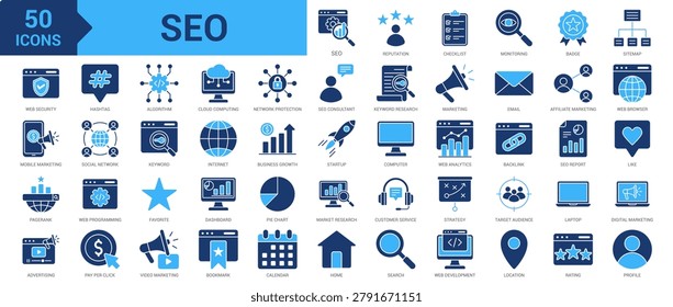 SEO icon set. Keyword, research, sitemap, reputation, SEO monitoring, web security, digital marketing, PageRank, advertising, hashtag, algorithm, backlink and more. Solid vector icons