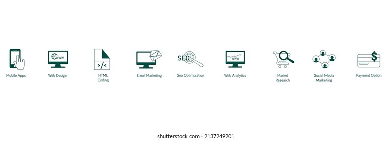 SEO icon set, mobile app, web designing, html coding, email marketing, seo optimization, web analytics, market research, social media marketing, payment option
