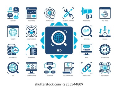 SEO icon set. Optimization, Target Audience, Schedule, Pay per Click, Optimization, Social media, Keywords, Monitoring, Website. Duotone color solid icons