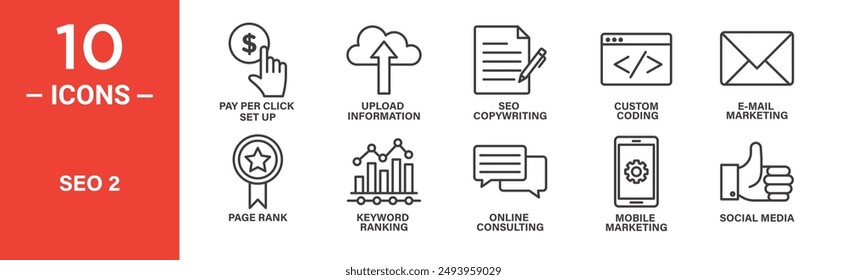 Seo icon set. Pay per click set up, upload information, seo copyrighting, custom coding, icons. Outlined icon collection. Vector illustration.