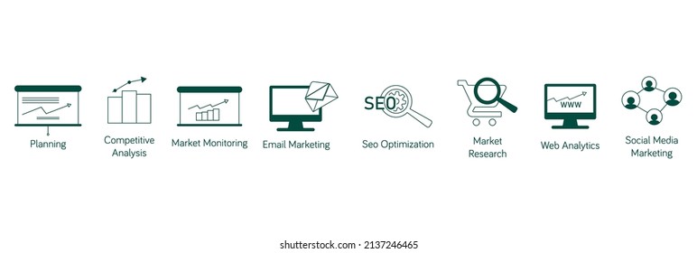 SEO icon set, planning, competitive analysis,  market monitoring, email marketing, SEO optimization, market research, web analytics