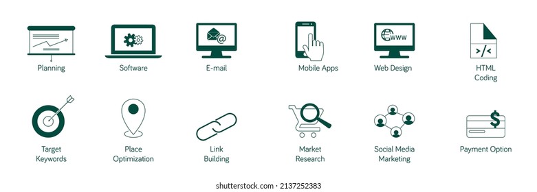 SEO icon set planning, software, email, mobile app, web designing, html coding, target keywords, place optimization, link building, market research, social media marketing, payment option