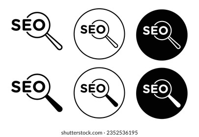 seo icon set. SEO research analysis vector symbol. target seo sign in black filled and outlined style. on page and off page seo icon set.