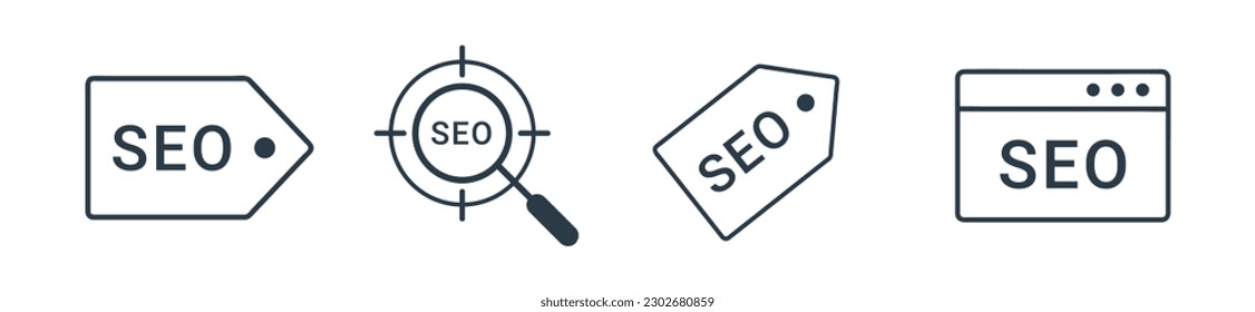 Juego de iconos SEO. Optimización de motores de búsqueda, negocios, marketing, destino, clasificación, vector de icono de línea de tráfico