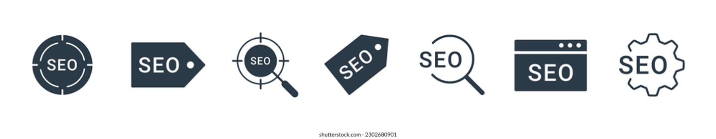 SEO Icon Set. Suchmaschinenoptimierung, Business, Marketing, Ziel, Ranking, Stau-Symbol