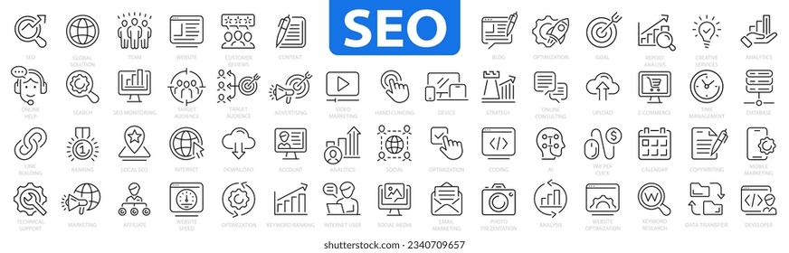 Seo icon set. Search Engine Optimization icons. Containing seo, vision, keyword, link, increase, strategy, analytics, business and marketing, traffic, ranking, optimization. Vector illustration.