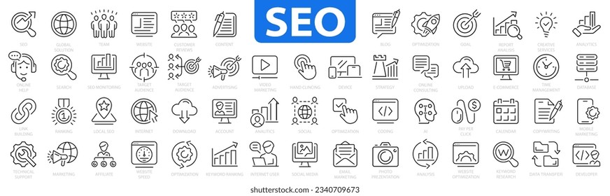 Seo icon set. Search Engine Optimization icons. Containing seo, vision, keyword, link, increase, strategy, analytics, business and marketing, traffic, ranking, optimization. Vector illustration.