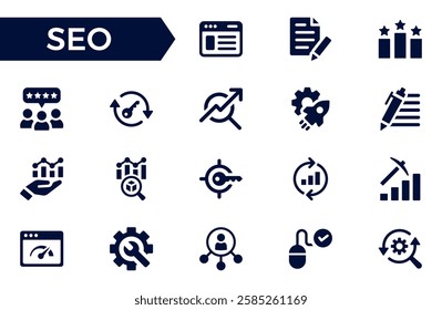 Seo icon set. Search Engine Optimization icon collection. Containing business and marketing, traffic, ranking, optimization, link and keyword. Solid icons vector collection.