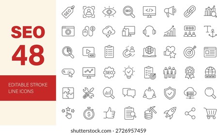 Conjunto de ícones de SEO. Coleção de ícones de opções do mecanismo de pesquisa. Contendo publicidade, marketing digital, análise, negócios, gerenciamento, ampliação e muito mais. Ícones de linha editáveis. Ilustração vetorial.