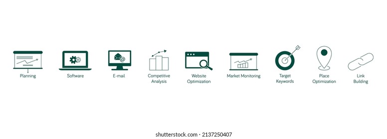 seo icon set software, website optimization, email marketing, mobile app, web designing, html coding, seo optimization, web analytics