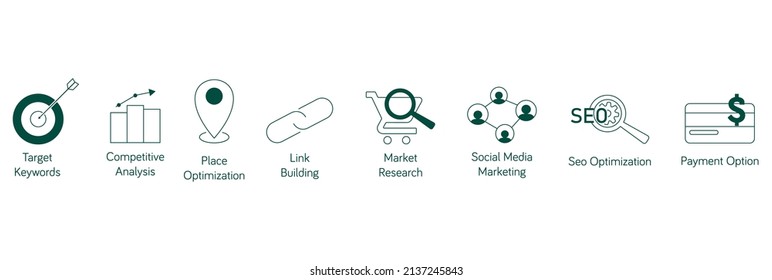 SEO icon set target keywords, competitive analysis, place optimization, link building, market research, social media marketing, seo optimization, payment option