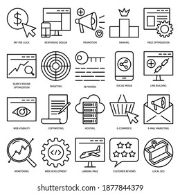 SEO icon set in thin line style. Search engine optimization symbols collection. Digital marketing and web development. Vector illustration.