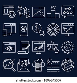 SEO icon set in thin line style. Search engine optimization symbols collection on dark background. Vector illustration.