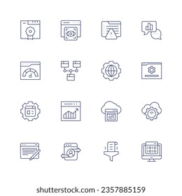 Seo icon set. Thin line icon. Editable stroke. Containing validation, view, warning, analytic, website, world, browser, web management, web traffic, cloud, writing, data, encryption.