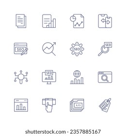Seo icon set. Thin line icon. Editable stroke. Containing report, responsive design, seo, statistics, subscription, tabs, tag.