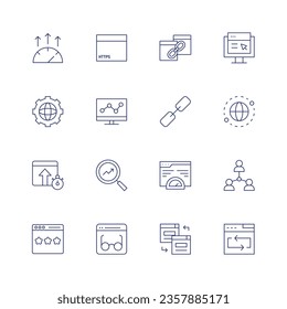 Seo icon set. Thin line icon. Editable stroke. Containing high performance, https, hyperlink, improvement, world grid, line graph, link, localization, optimization, people, rating, reading, redirect.