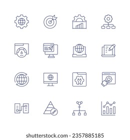 Seo icon set. Thin line icon. Editable stroke. Containing globe, goal, graph, hierarchy, internet, landing page, laptop, world, monitor, online service, prototype, pyramid, ranking factor, ranking.