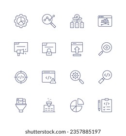 Symbol-Set anzeigen. Dünne Linie Symbol. Bearbeitbarer Strich. Enthält Analytik, Rahmen, Web-Verkehr, Browser, Einfügen, Einsicht, Kodierung, Vergrößerung Glas, Filter, Kuchen-Diagramm, Planung.