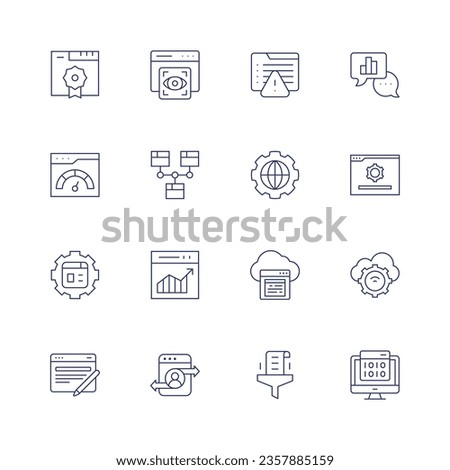 Seo icon set. Thin line icon. Editable stroke. Containing validation, view, warning, analytic, website, world, browser, web management, web traffic, cloud, writing, data, encryption.