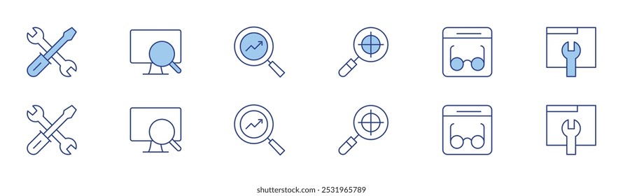 Conjunto de iconos Seo en dos estilos, estilo Duotone y Thin Line. Trazo editable. objetivo, Asistencia técnica, SEO, optimización, lectura, mantenimiento.
