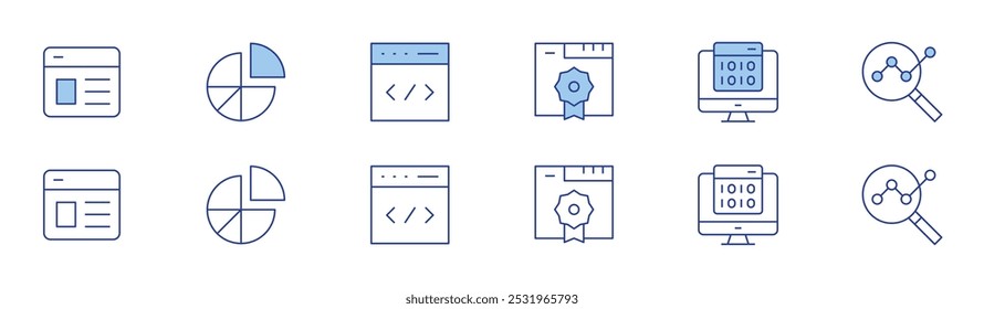 Seo icon set in two styles, Duotone and Thin Line style. Editable stroke. website, validation, encryption, pie chart, analytics, code.