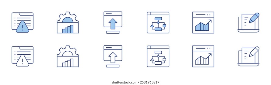 Ícone Seo definido em dois estilos, Duotônico e Linha fina. Curso editável. mapa do site, aviso, tráfego da Web, gráfico, laptop, inserir.