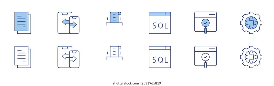 Conjunto de iconos Seo en dos estilos, estilo Duotone y Thin Line. Sql, usabilidad, informe, diseño adaptable, cuadrícula mundial, datos.