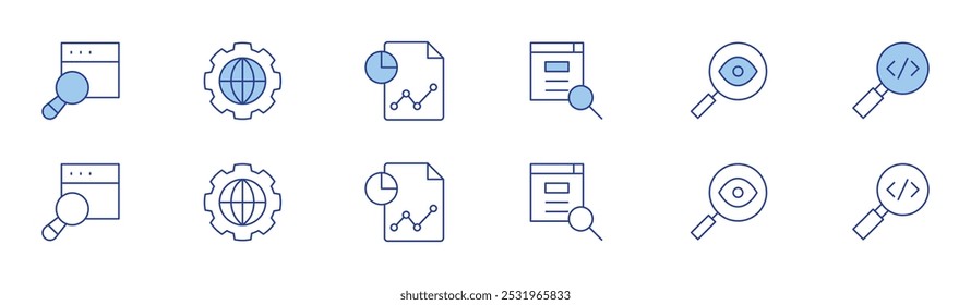 Conjunto de iconos Seo en dos estilos, estilo Duotone y Thin Line. Búsqueda, búsqueda, mundo, informe, visión, lupa.