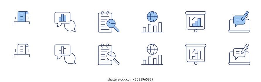 Ícone Seo definido em dois estilos, Duotônico e Linha fina. Curso editável. dados, seo, apresentação, analítico, análise, blog.