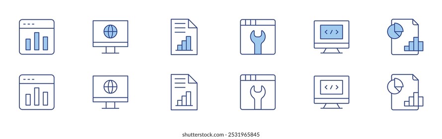 Seo icon set in two styles, Duotone and Thin Line style. Editable stroke. bar chart, wrench, monitor, programming, analytics.
