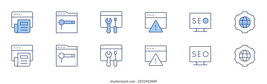 Seo icon set in two styles, Duotone and Thin Line style. Editable stroke. article, caution, seo, searching, maintenance, global.