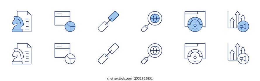 Conjunto de iconos Seo en dos estilos, estilo Duotone y Thin Line. Estrategia de contenido, análisis de Web, Enlace, Internet, gráfico.