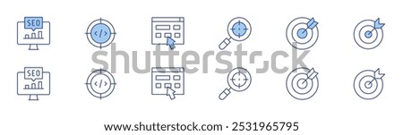 Seo icon set in two styles, Duotone and Thin Line style. Editable stroke. target, seo, goal, coding, click.