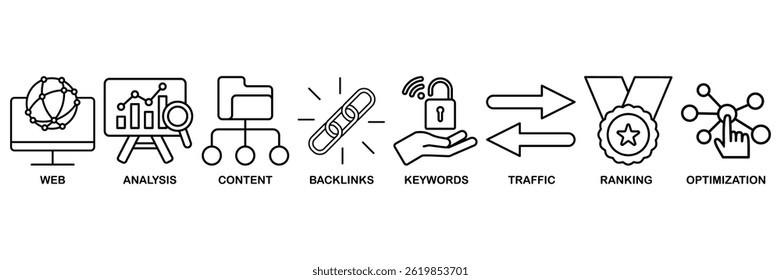 SEO ícone definir conceito de ilustração vetorial para otimização do mecanismo de pesquisa com ícone do site, análise, conteúdo, backlinks, palavras-chave, tráfego, classificação e otimização