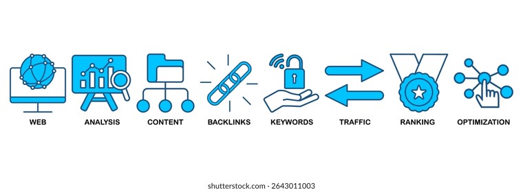 SEO ícone definir conceito de ilustração vetorial para otimização do mecanismo de pesquisa com ícone do site, análise, conteúdo, backlinks, palavras-chave, tráfego, classificação e otimização