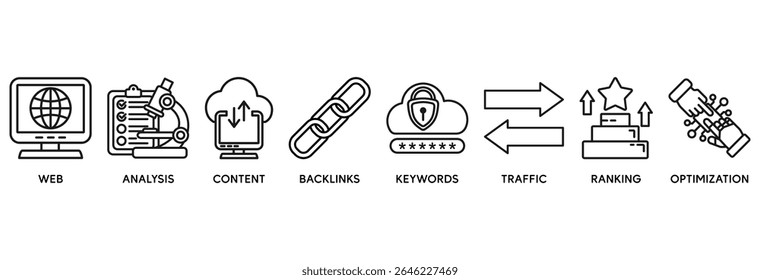 SEO ícone definir conceito de ilustração vetorial relacionar-se à otimização do mecanismo de pesquisa com ícone do site, análise, conteúdo, backlinks, palavras-chave, tráfego, ranking e otimização