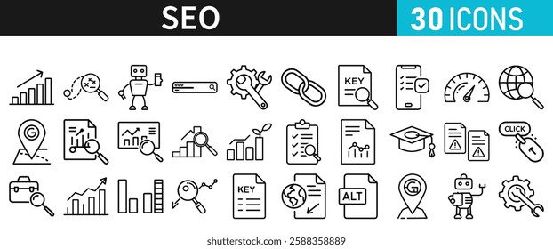 SEO icon set for web. Search Engine Optimization. Graph, traffic, optimization, analysis, target. Search Engine, chart and Marketing icons for web and mobile app.